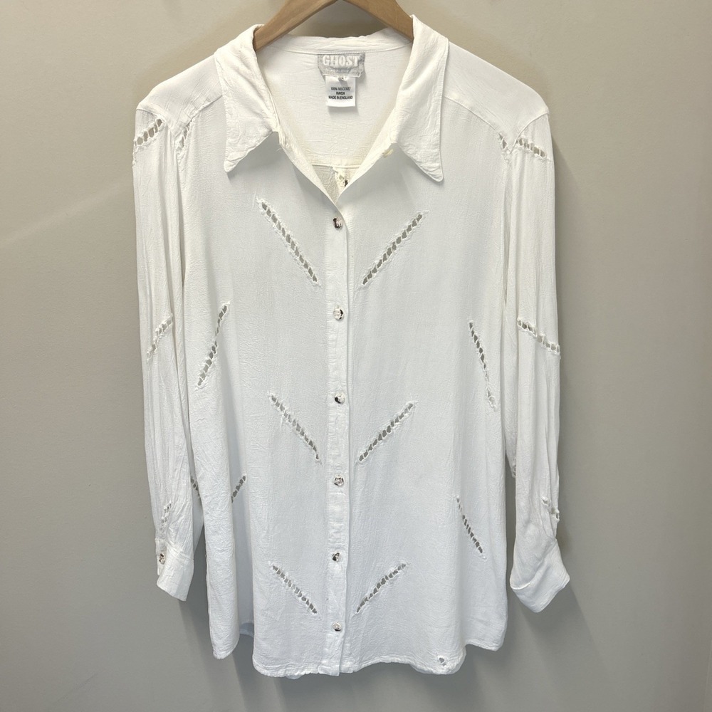 Vtg Ghost Button Down Blouse Top Women Medium White Cutwork 90s Edwardian UK - Picture 2 of 8